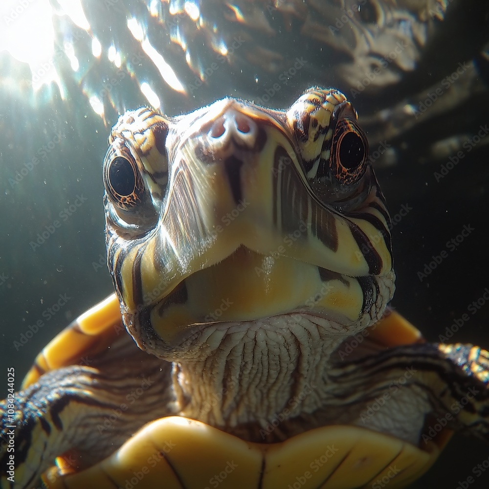 A small turtle swims gently through clear water, showcasing its vibrant shell and curious eyes. Sunlight filters down, creating a beautiful ambiance around this adorable creature as it glides.