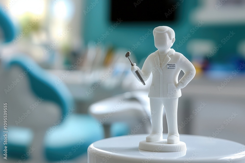 A small white figure of a dentist stands on a table inside a contemporary dental clinic, holding a dental mirror.