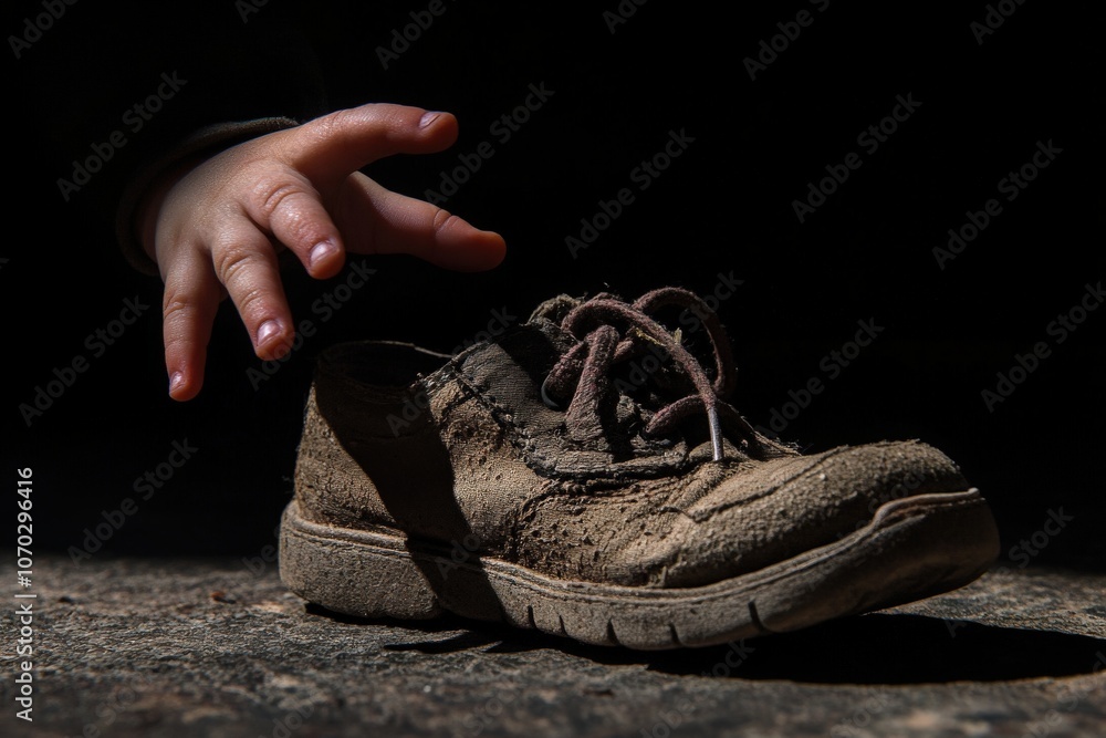A small, worn shoe with undone laces rests on the ground, capturing the attention of a childs hand reaching out. The setting suggests a playful moment, evoking nostalgia for simpler times.