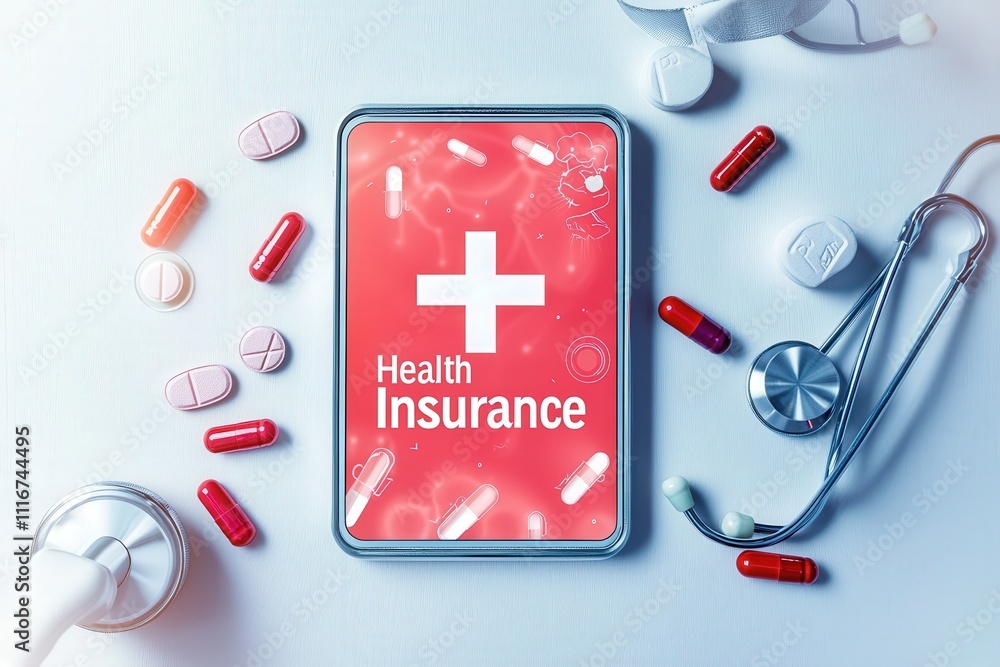 A smartphone displays health insurance information surrounded by various pills and a stethoscope. This setting emphasizes the importance of health coverage in modern healthcare.