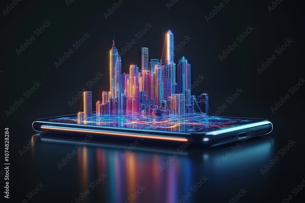 A smartphone rests on a sleek black surface, showcasing a vivid, illuminated skyline emerging from its screen, representing a futuristic city. The colors are radiant and eye-catching.