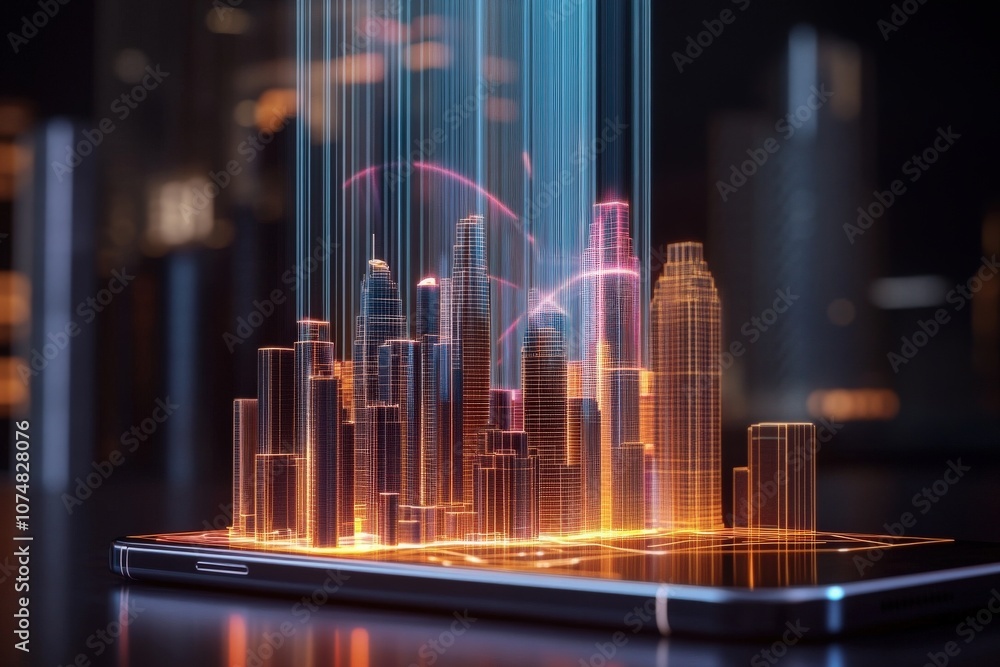 A smartphone sits alone on a sleek black surface, projecting a vibrant holographic cityscape illuminated in various colors, evoking a futuristic atmosphere.