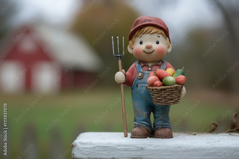 A smiling figurine stands proudly with a pitchfork and a basket of colorful fruits. In the background, a rustic red barn sits amidst autumn foliage, showcasing a peaceful countryside scene.