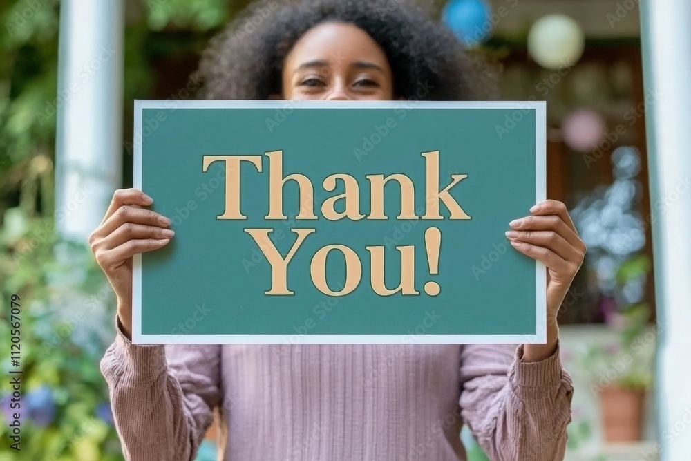 A smiling individual stands outside, holding a large sign that says thank you. The background features greenery and colorful decorations, creating a cheerful atmosphere.