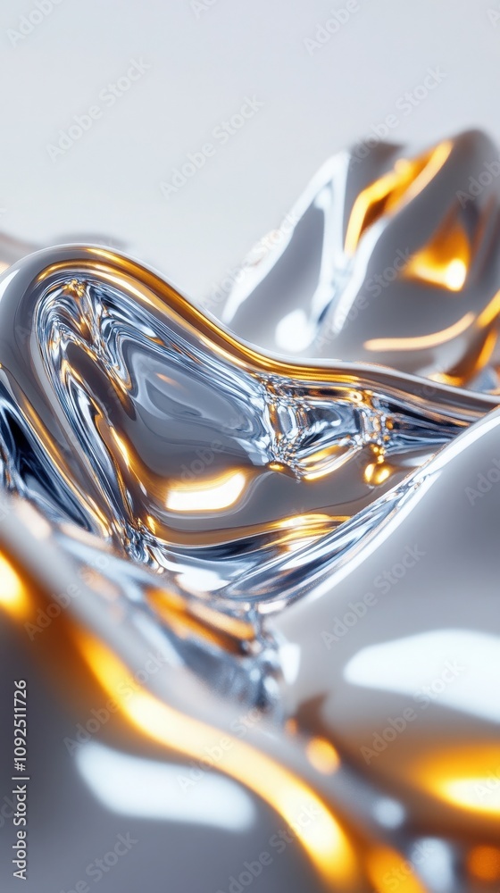 A smooth, abstract metallic surface displays fluid shapes that reflect light in captivating ways. The interplay of silver and gold tones creates a dynamic, shimmering effect.