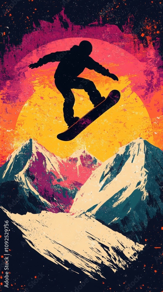 A snowboarder executes a dynamic trick in mid-air above snowy mountains during a colorful sunset. Bright hues of orange and pink frame the dramatic winter landscape.