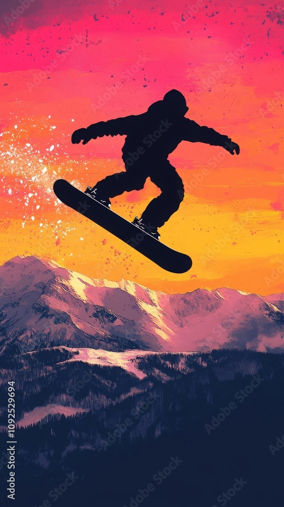 A snowboarder is captured mid-air as they soar above snowy peaks during a stunning sunset. The sky displays vivid orange and pink hues, enhancing the thrilling atmosphere.