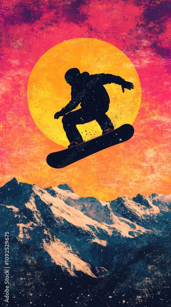 A snowboarder is captured mid-air, executing a jump against a backdrop of a bright, colorful sunset. The silhouetted figure contrasts with the vivid hues of the sky and majestic mountains.