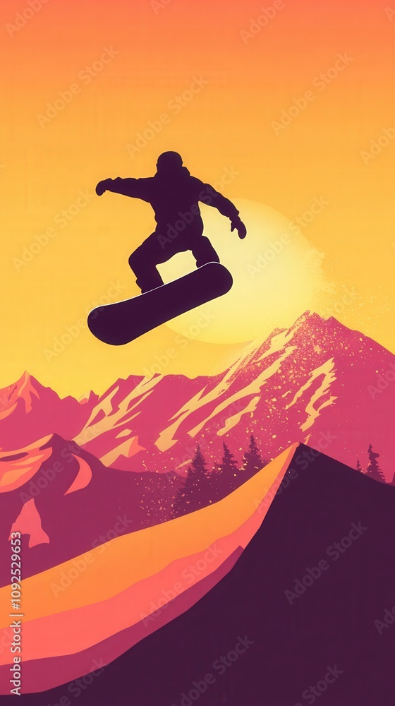 A snowboarder is captured mid-air, showcasing an impressive jump against a colorful sunset. The backdrop features majestic mountains and silhouettes of trees, enhancing the winter sports atmosphere.