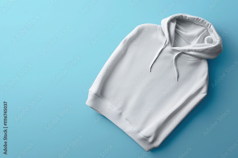 A soft white hoodie is neatly positioned on a bright blue background, showcasing its casual design. The hood hangs freely, emphasizing its relaxed vibe and versatility for various outfits.
