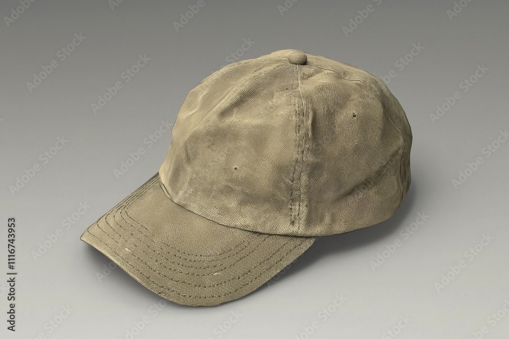 A soft, worn cap lies on a flat surface, showcasing its aged fabric and simple design. The neutral background highlights the caps texture and color, emphasizing its casual style.