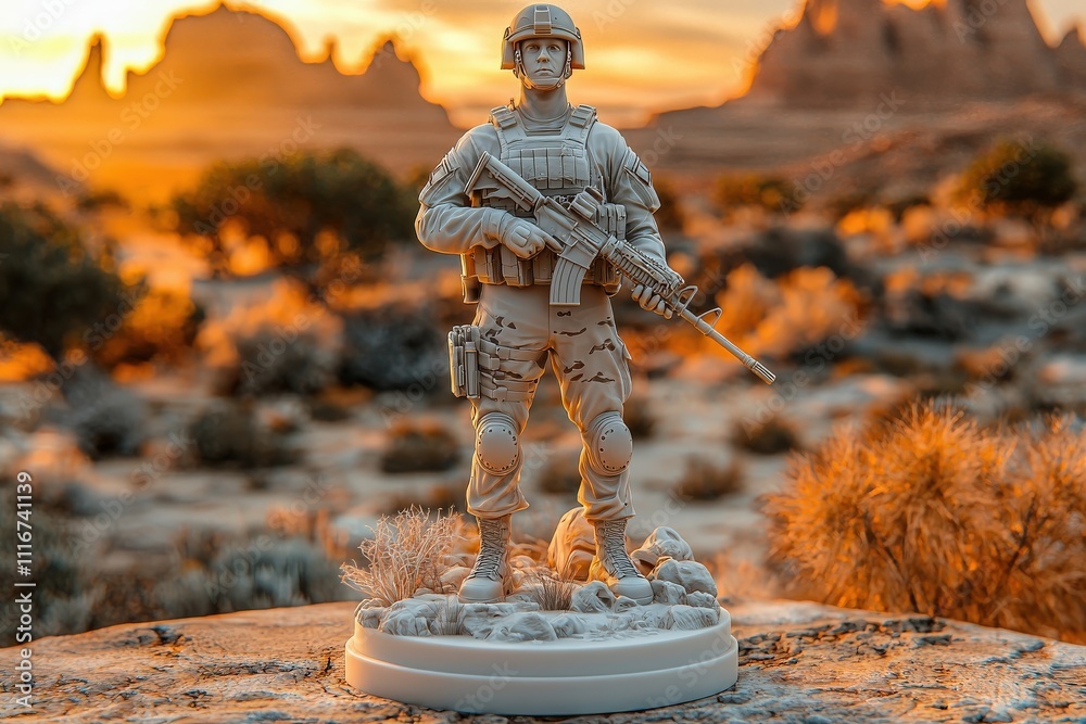 A soldier figurine holds a rifle against a stunning sunset backdrop. Surrounding terrain consists of rocky formations and desert foliage, highlighting the intricate craftsmanship and design.