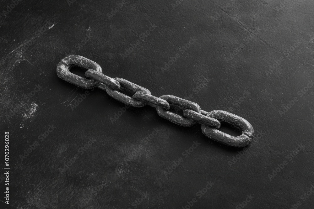 A solitary broken chain link rests on a smooth black surface, showcasing its fractured end and rough texture, reflecting the light subtly in the daylight.