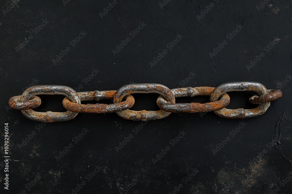 A solitary broken link of an old chain lies on a smooth, dark surface, showcasing its rusty texture and wear. It highlights the passage of time and the fragility of strength.