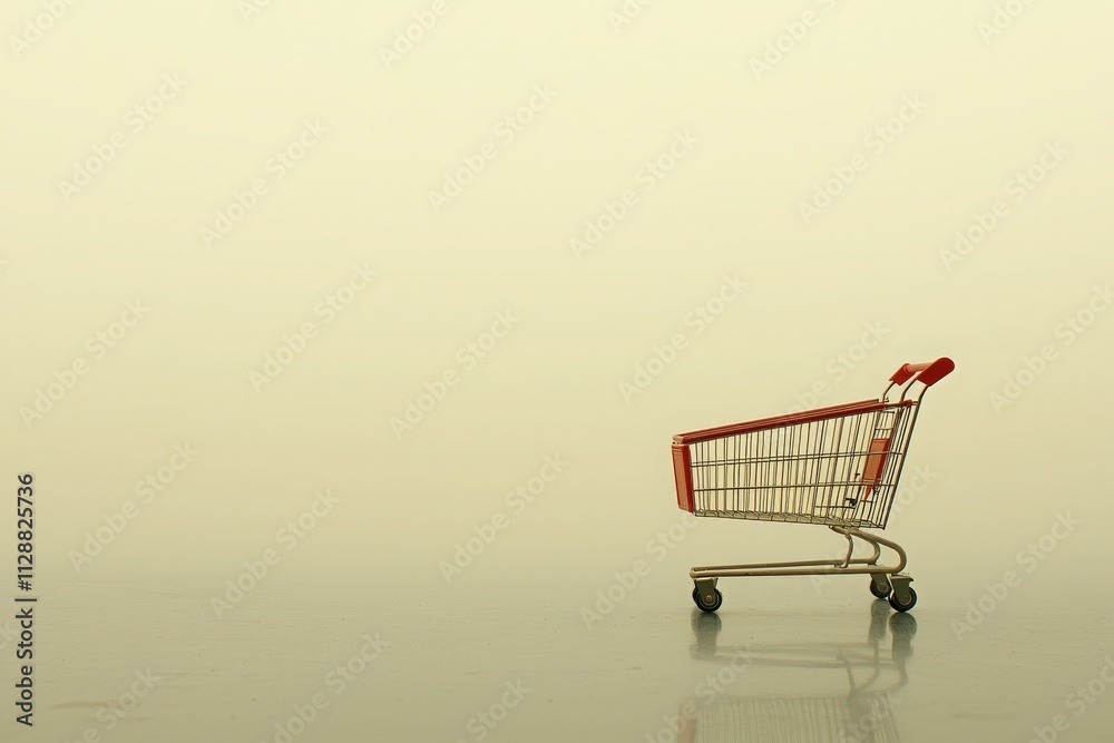 A solitary shopping cart is positioned on a smooth, reflective floor. The background features a soft, neutral tone, creating a calm and minimalist atmosphere around the cart.