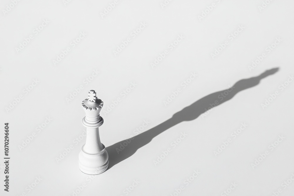 A solitary white king chess piece rests on its side, creating an elongated shadow against a soft, light-colored background. The perspective emphasizes the pieces details and form.