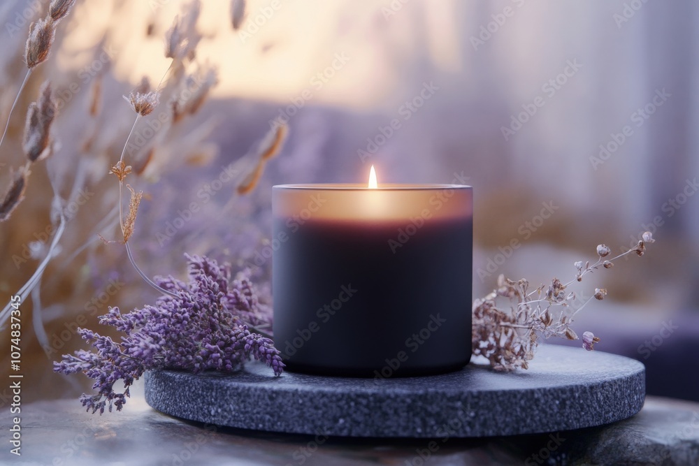 A sophisticated soy candle jar is elegantly placed on a stone surface, surrounded by delicate dried flowers. The flickering flame creates a warm ambiance, enhancing the tranquil atmosphere.