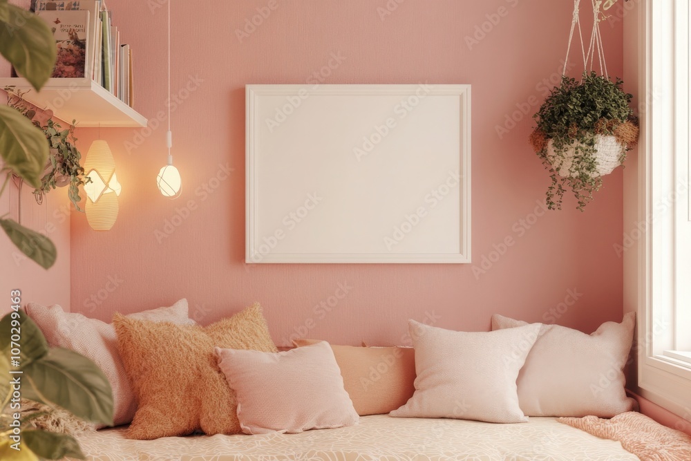 A spacious corner showcases a white square frame mockup on a soft pink wall, accompanied by comfortable cushions and hanging plants, creating a warm and inviting atmosphere for relaxation.