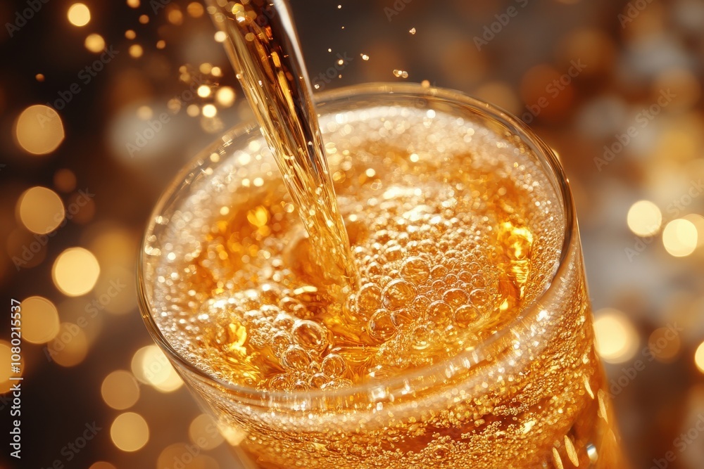 A sparkling beverage is poured into a beautifully crafted champagne flute, showcasing bubbles rising elegantly as warm ambient lights create a festive atmosphere for celebration.