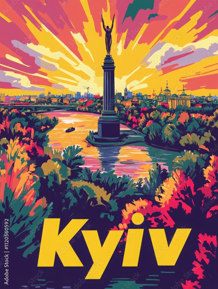 A spectacular sunset illuminates the skyline of Kyiv, showcasing the iconic Motherland Monument. The vibrant colors reflect on the river, surrounded by lush greenery.