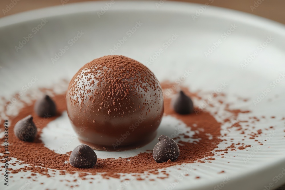 A spherical gourmet chocolate sits elegantly on a plate, surrounded by a sprinkle of cocoa powder and chocolate chips, showcasing a delightful dessert presentation.