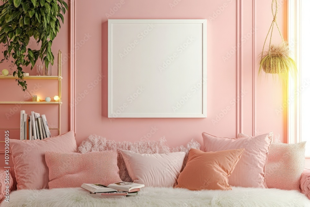A square white frame is set against a pink wall, surrounded by a soft, inviting couch adorned with plush pillows. The warm atmosphere is enhanced by greenery and decorative touches.