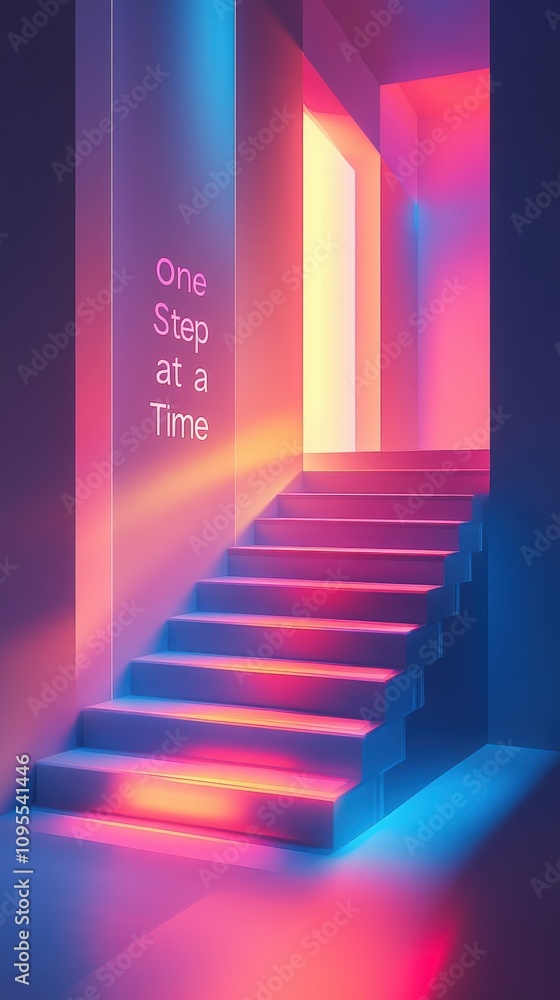 A staircase illuminated with vibrant hues of pink and blue leads to an open doorway emitting warm light. The phrase One step at a time inspires calmness and focus on gradual progress.