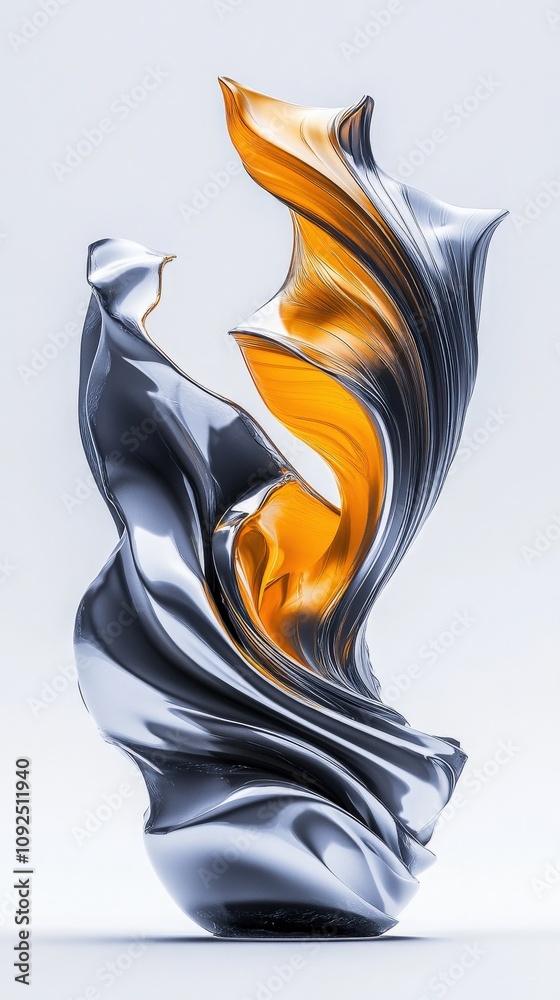 A striking abstract sculpture displays smooth, flowing forms that intertwine with metallic silver and bright orange elements. The piece stands out against a neutral background, inviting admiration.