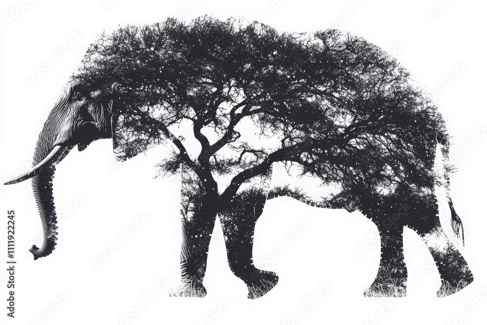 A striking artistic representation of an elephant combined with a tree landscape. The elephants form is intricately filled with the dark outlines of trees, creating a unique visual effect.