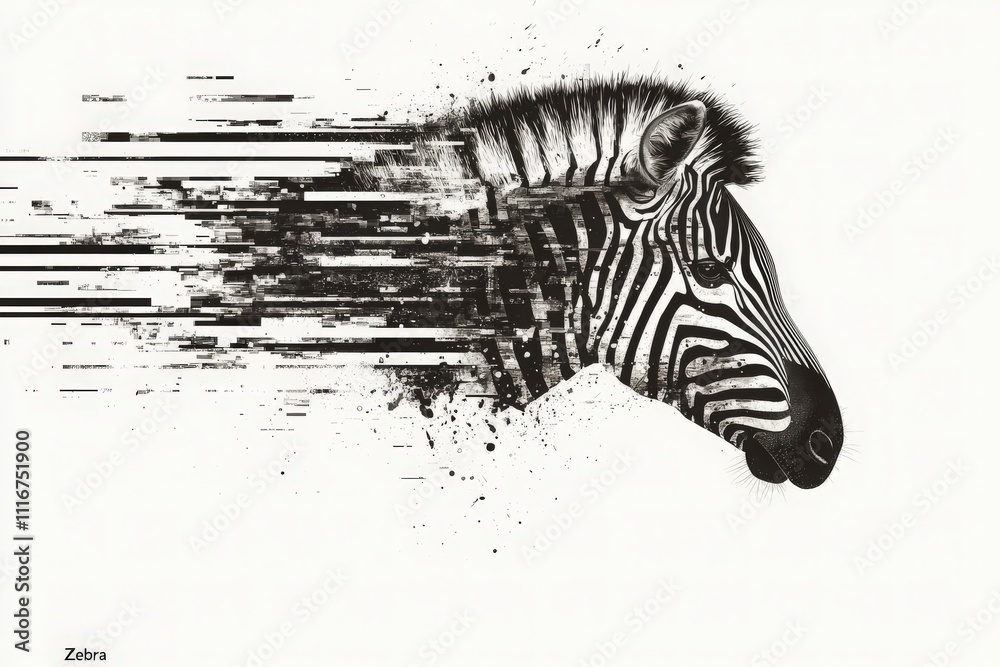 A striking artwork features a zebras head with a dynamic, fragmented design that suggests motion. The black and white contrast emphasizes the zebras distinct stripes and lively expression.