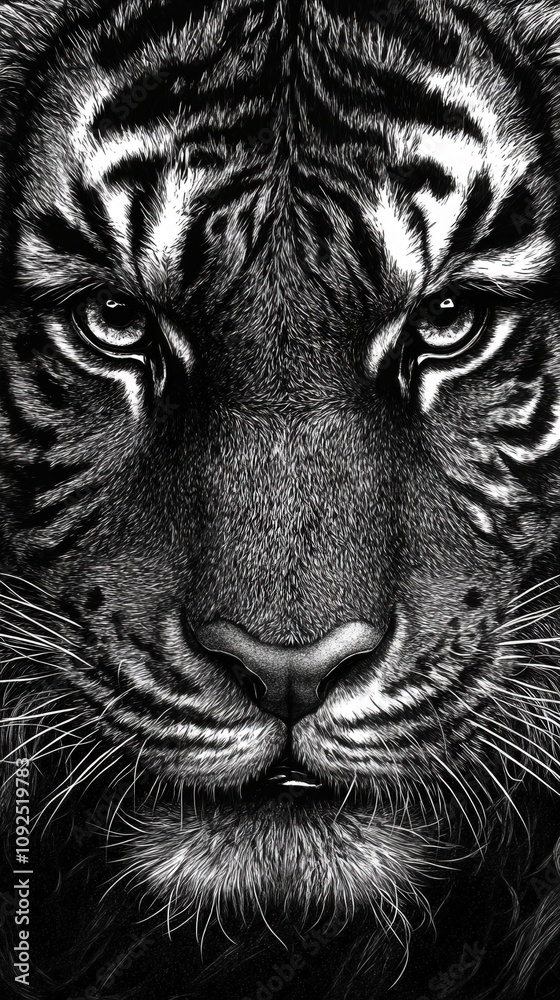 A striking black and white depiction of a tigers face reveals its intense gaze and intricate fur details. The powerful animal embodies strength and beauty in a captivating close-up.