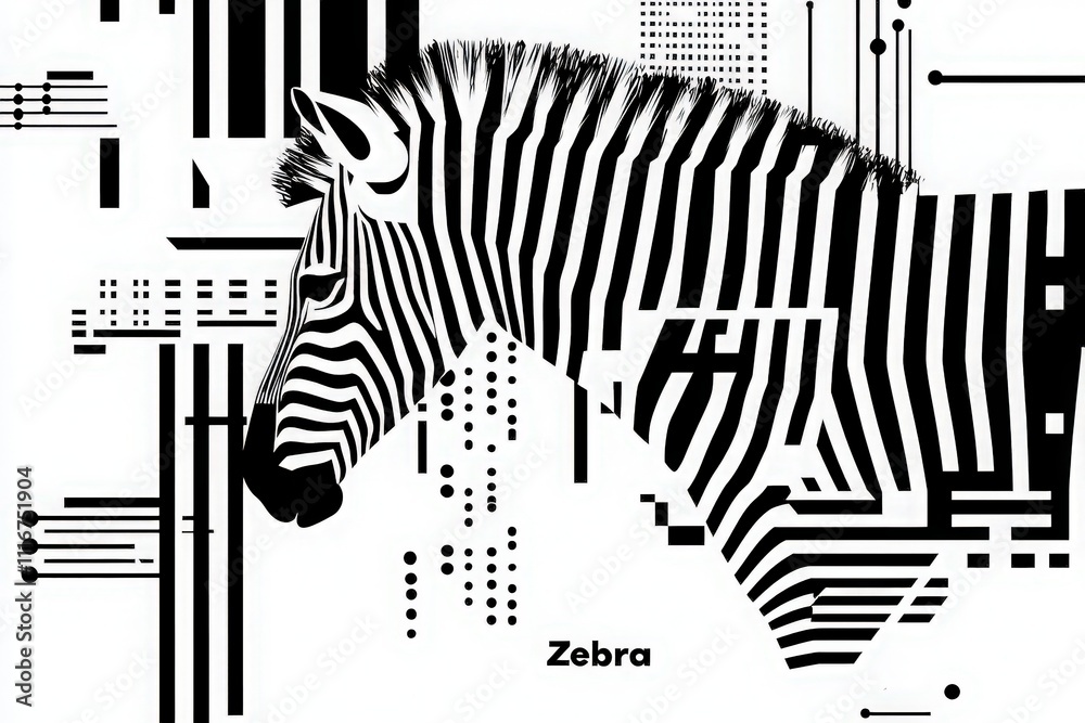 A striking black and white illustration features a zebras head, intricately blended with geometric patterns and digital lines. The design combines nature and modern art elements.