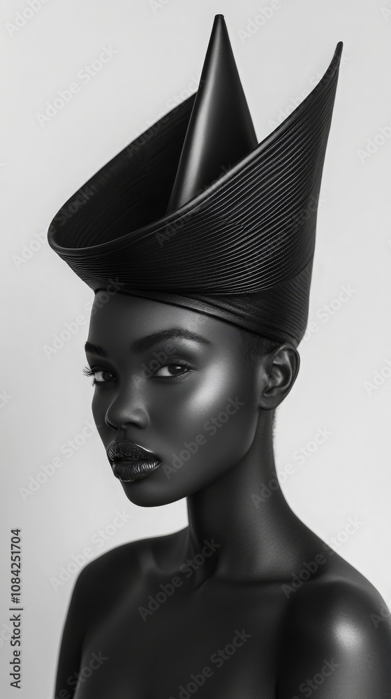 A striking black and white portrait captures a model with a distinctive cone-shaped headpiece. The dramatic lighting highlights her features, creating an elegant and bold look.