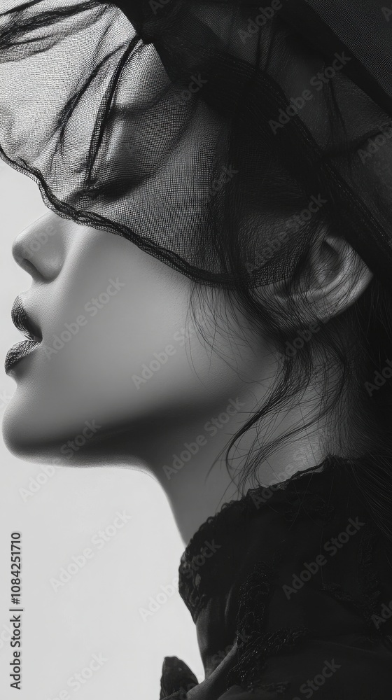 A striking black and white portrait captures the profile of a model with a delicate veil. The soft light highlights the graceful contours of her face, creating an intense and elegant atmosphere.