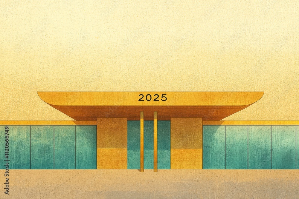 A striking building features a bold 2025 display above its entrance, surrounded by smooth glass and a golden hue that suggests a future-forward aesthetic during sunset.