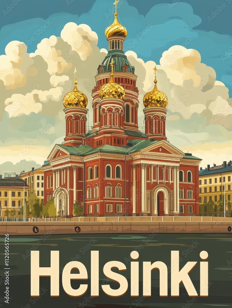 A striking building with golden domes and red brick walls stands along a body of water in Helsinki. Fluffy clouds drift in the blue sky, enhancing the citys picturesque landscape.