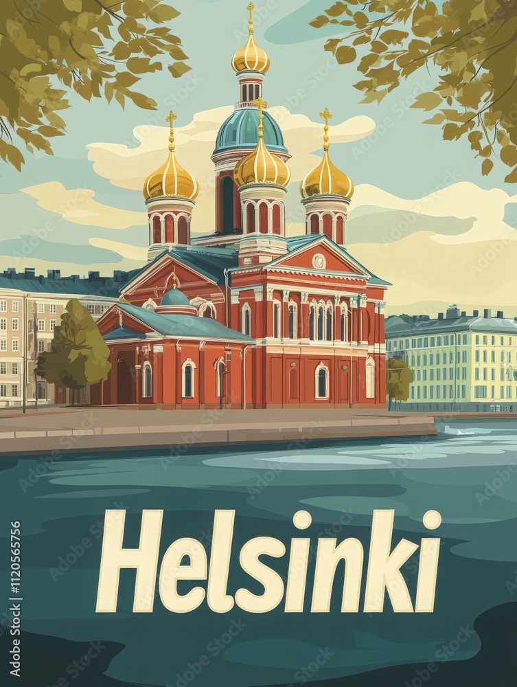 A striking cathedral rises along the waterfront in Helsinki, featuring ornate golden domes. The warm sunset light enhances the vibrant colors of the building and surroundings.