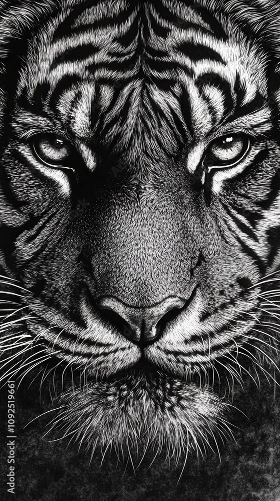 A striking close-up of a tigers face captures its intense gaze and unique fur patterns. The image reveals the animals strength and majesty in black and white tones.