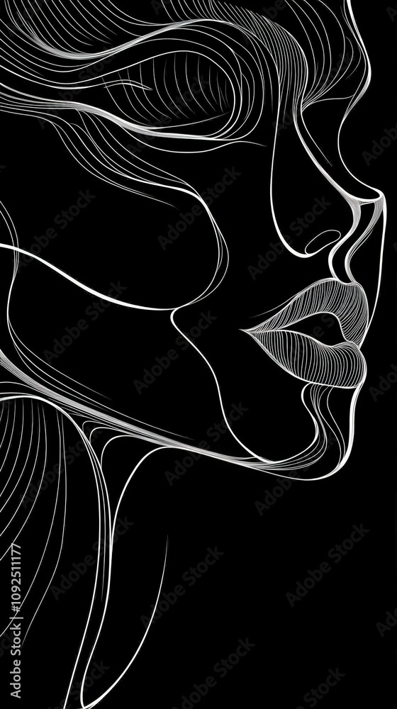 A striking depiction features a minimalistic profile of a face outlined with delicate white lines on a black background.