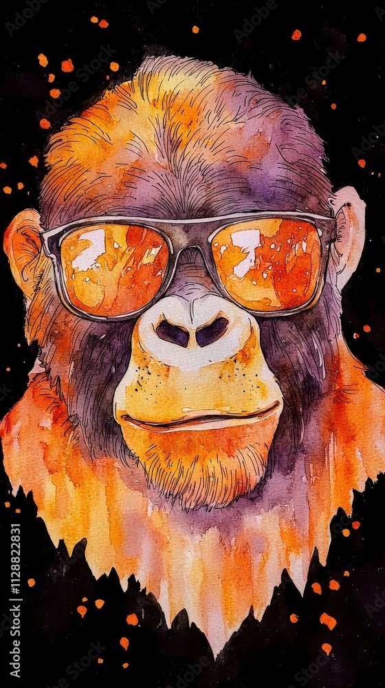 A striking depiction of a gorilla wearing stylish sunglasses. The artwork features bright colors with orange and purple tones, set against a dark backdrop, giving it a modern and eye-catching look.