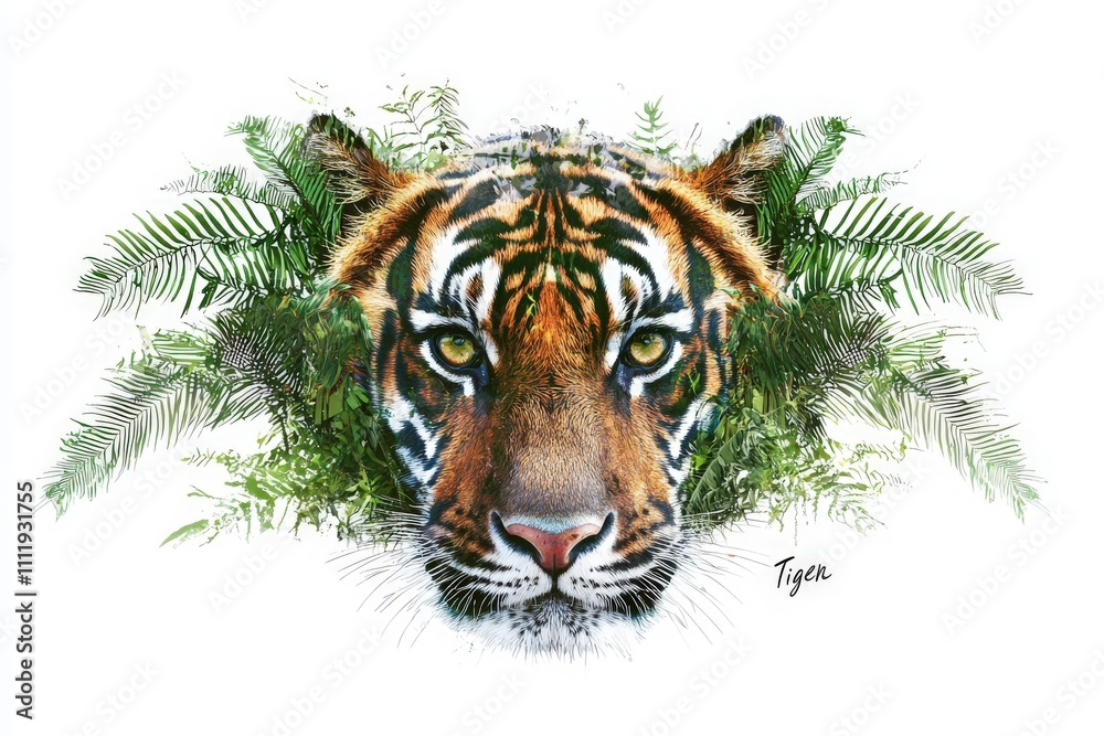 A striking depiction of a tigers face surrounded by vibrant green leaves, highlighting its fierce eyes and intricate fur patterns. The artwork captures the essence of wildlife beauty.