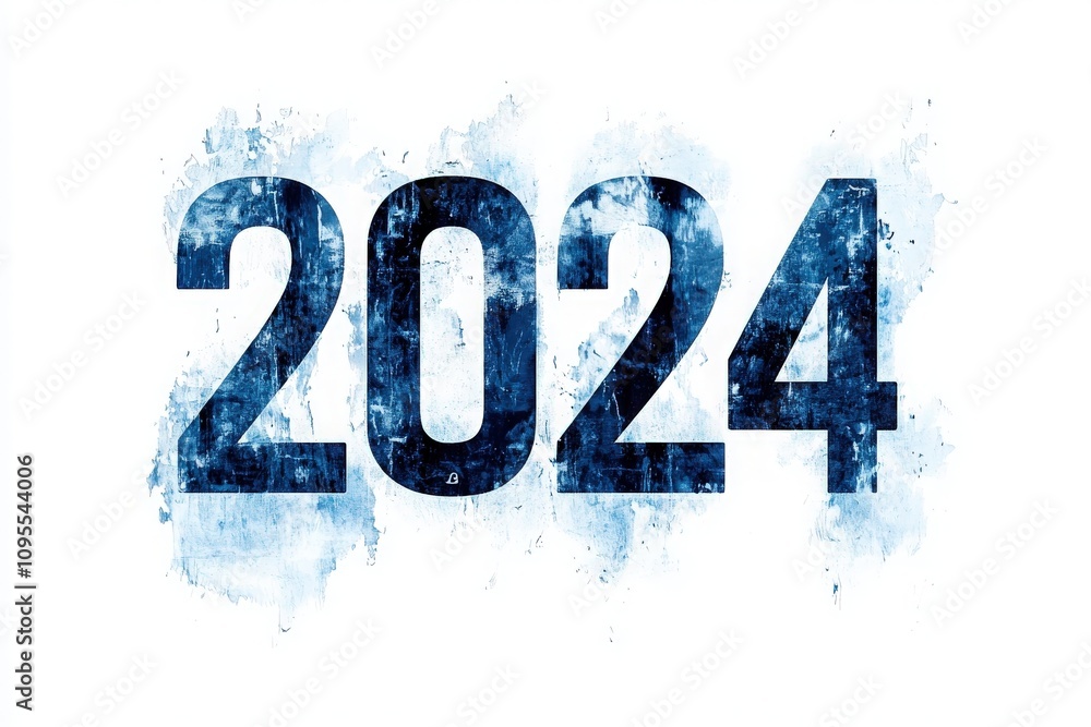 A striking design featuring the year 2024 in large, bold numbers. The numbers are textured with a cool, icy blue pattern, symbolizing freshness and a new beginning as the year approaches.
