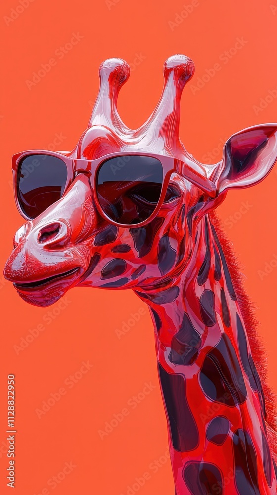 A striking giraffe with a glossy red finish sports stylish sunglasses. The animals features are prominent against a bold orange background, creating a playful and eye-catching display.