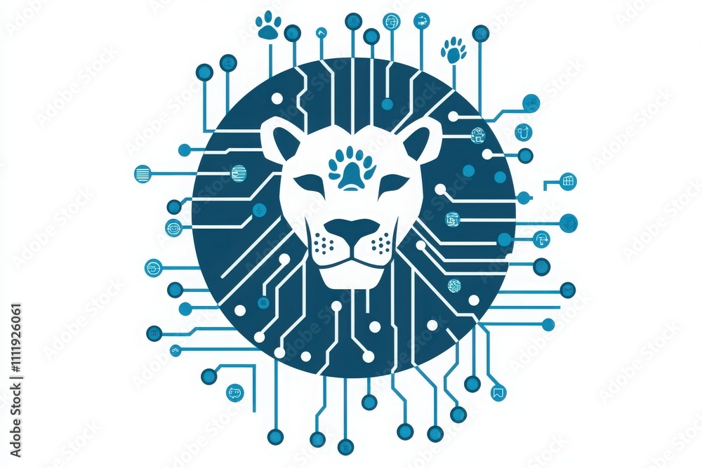 A striking graphic design displays a lions head at the center, surrounded by intricate circuit patterns in blue colors. The design combines elements of nature and technology.