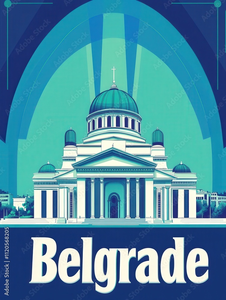 A striking graphic illustration showcases Belgrades cathedral, with its majestic dome and detailed architecture. Bold colors accentuate the design, capturing the essence of this cultural landmark.