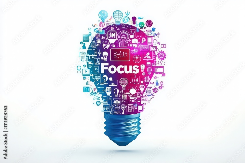 A striking light bulb graphic symbolizes focus, showcasing colorful icons related to innovation, technology, and ideas. The design combines elements of creativity and business concepts.