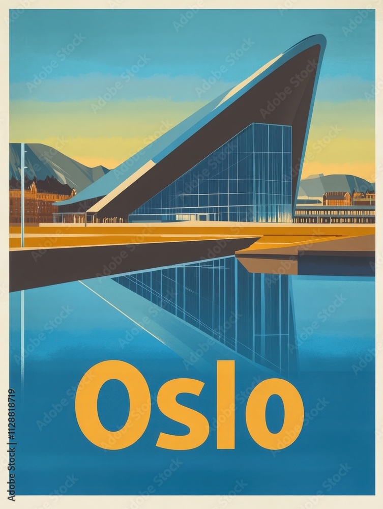 A striking modern building in Oslo features sharp angles and sleek glass. It stands prominently by the water, with mountains in the background under a colorful sunset sky.