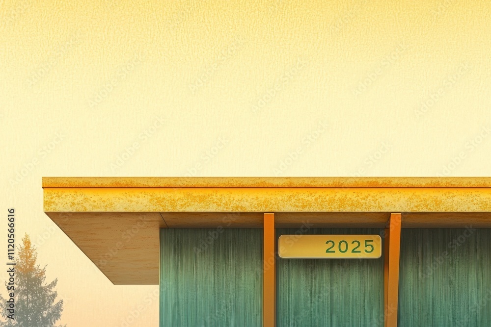 A striking modern building showcases a vibrant color scheme, with a unique rooftop design and bright sunset hues illuminating the scene. The year 2025 is displayed prominently.