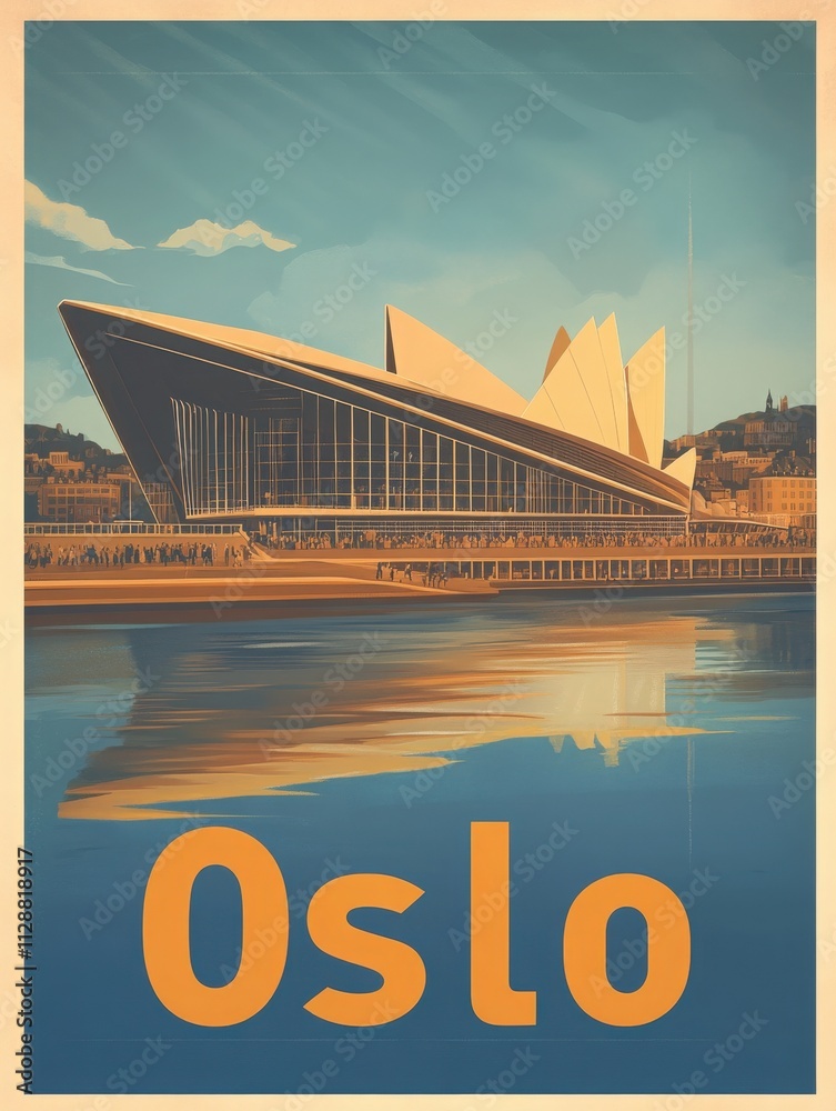 A striking modern building with angular shapes stands prominently at the waterfront in Oslo. The clear blue sky and calm water enhance its visual appeal, creating a stunning urban landscape.