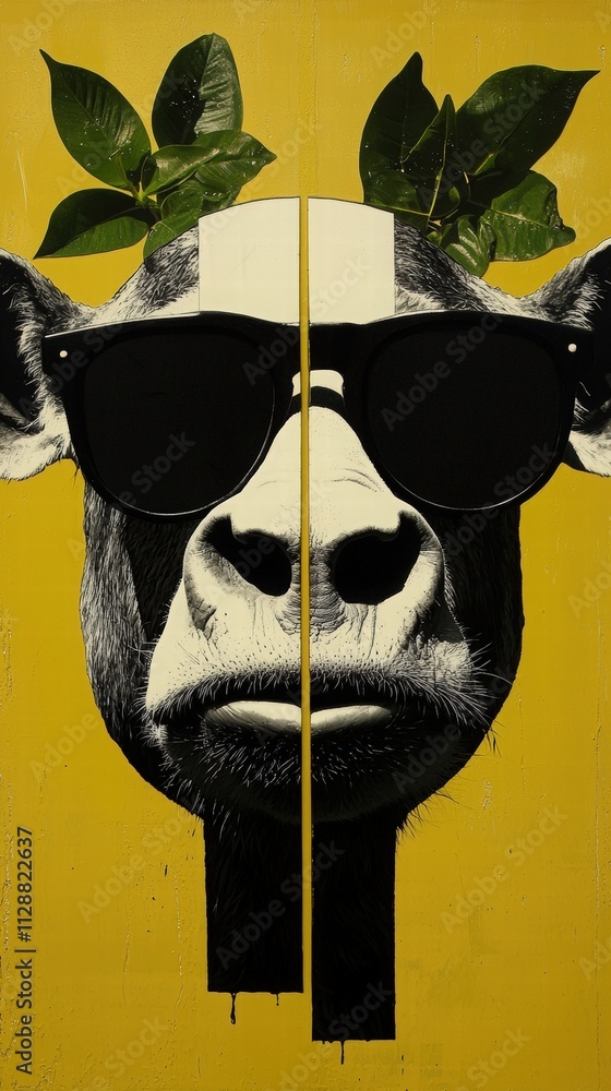 A striking mural displays a cows face, adorned with sunglasses and green leaves, set against a bright yellow backdrop. The artwork fuses humor and creativity, capturing attention.